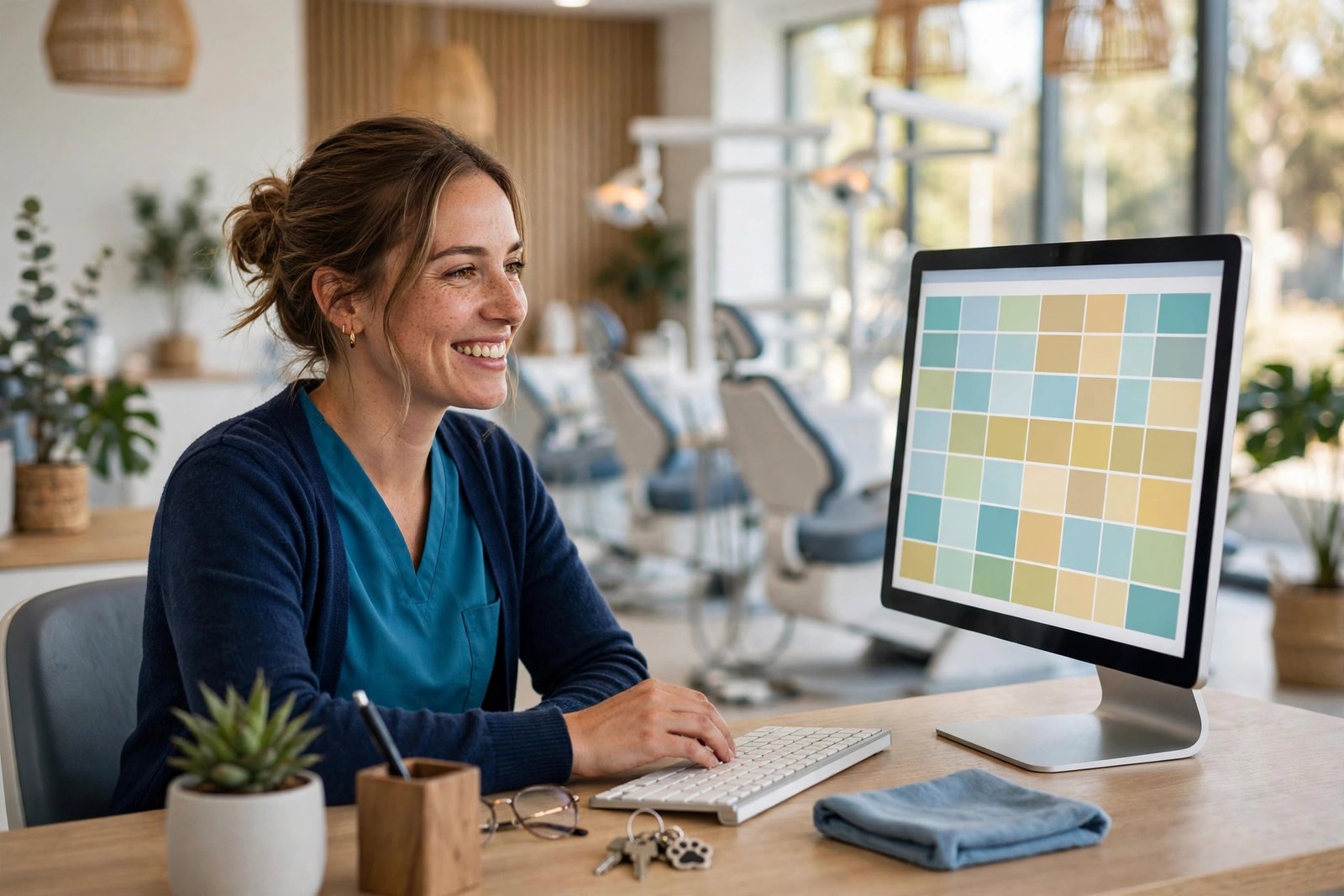 Dental practice front desk reviewing a full appointment schedule