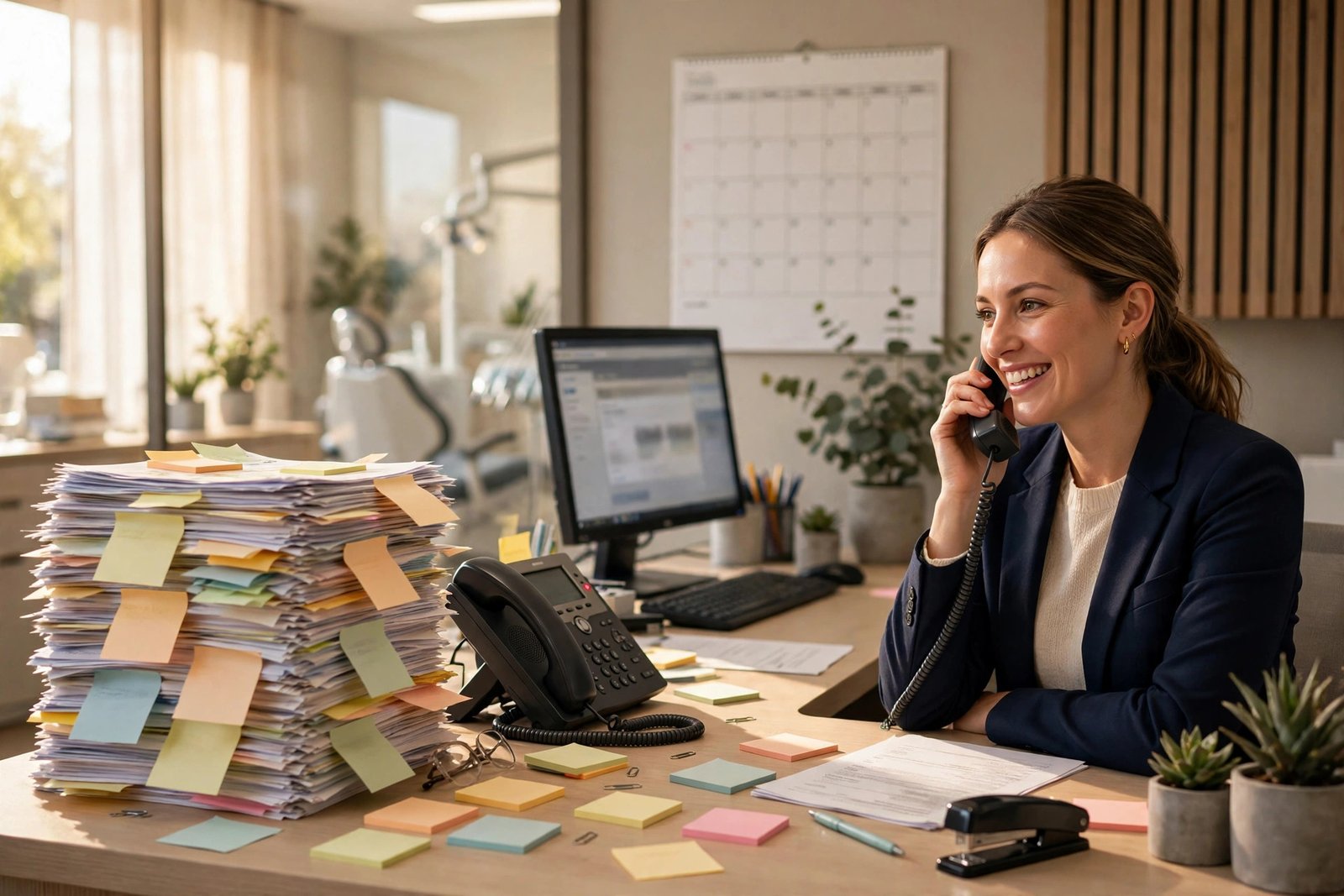 A dental practice front desk juggling insurance paperwork and phone calls